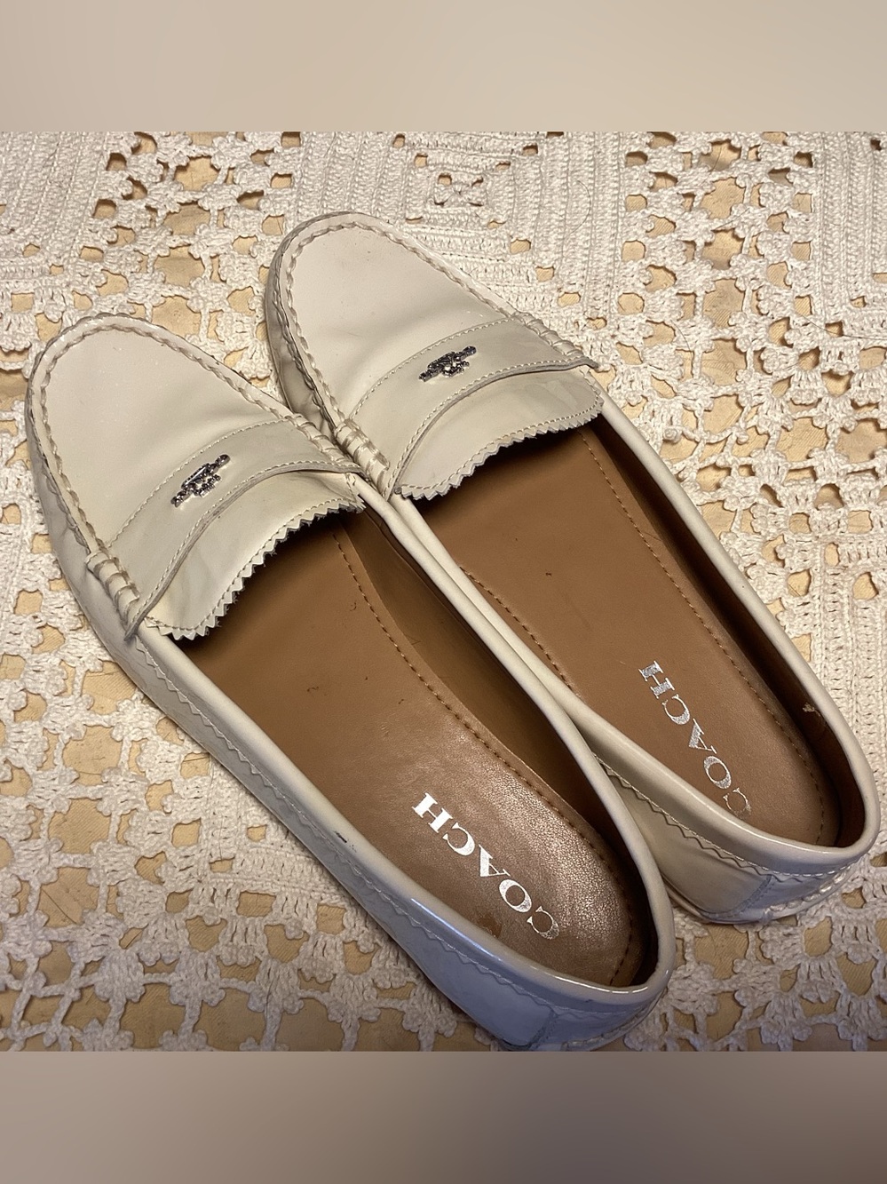 Coach Cream Leather Penny Loafers with Silver Hardware